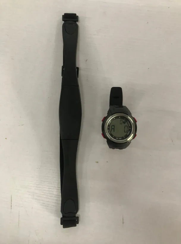 Black rubber and steel heart rate monitor watch with chest strap, 3m waterproof, round dial, backlight