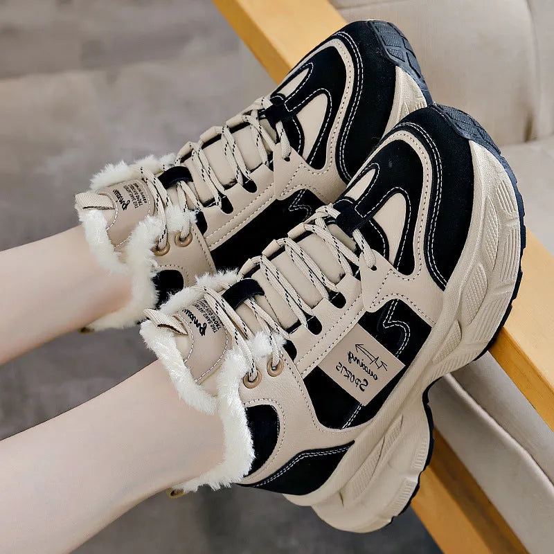 Women's winter thermal fleece-lined sneakers, round toe, mid heel, front lace-up, in black, blue, and gray