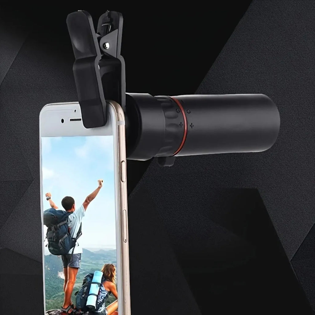 Black monocular telescope with mobile phone holder attached, showing compact single-tube design