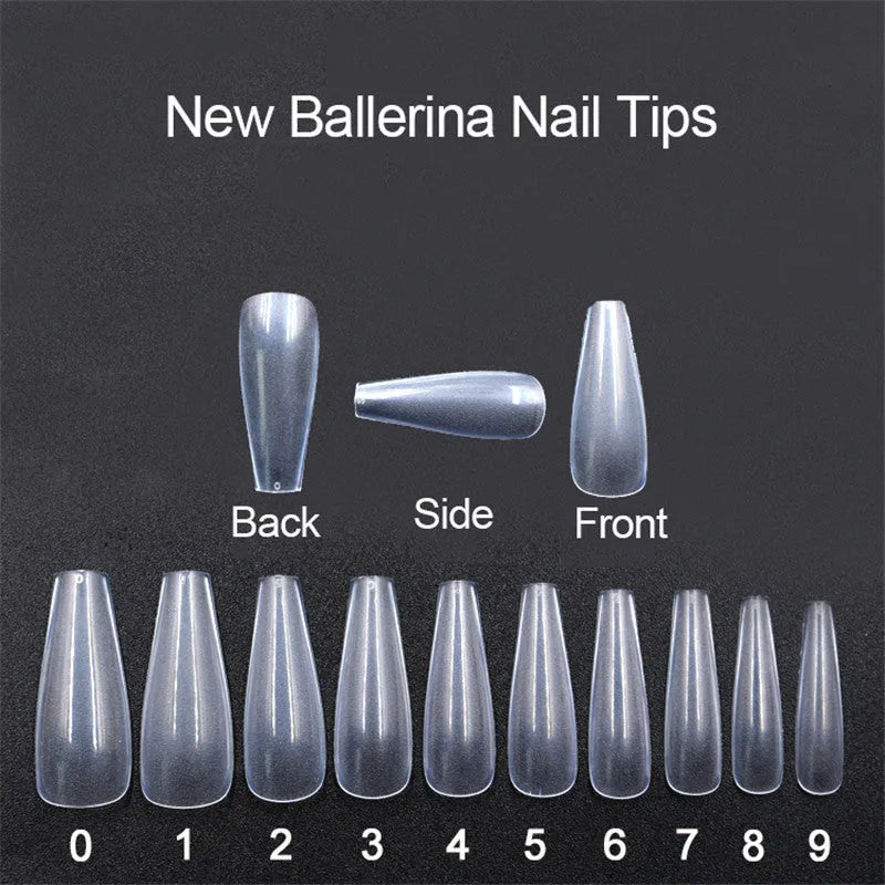 500 clear and natural ballet false nails in a bag showing various sizes of ABS plastic tips