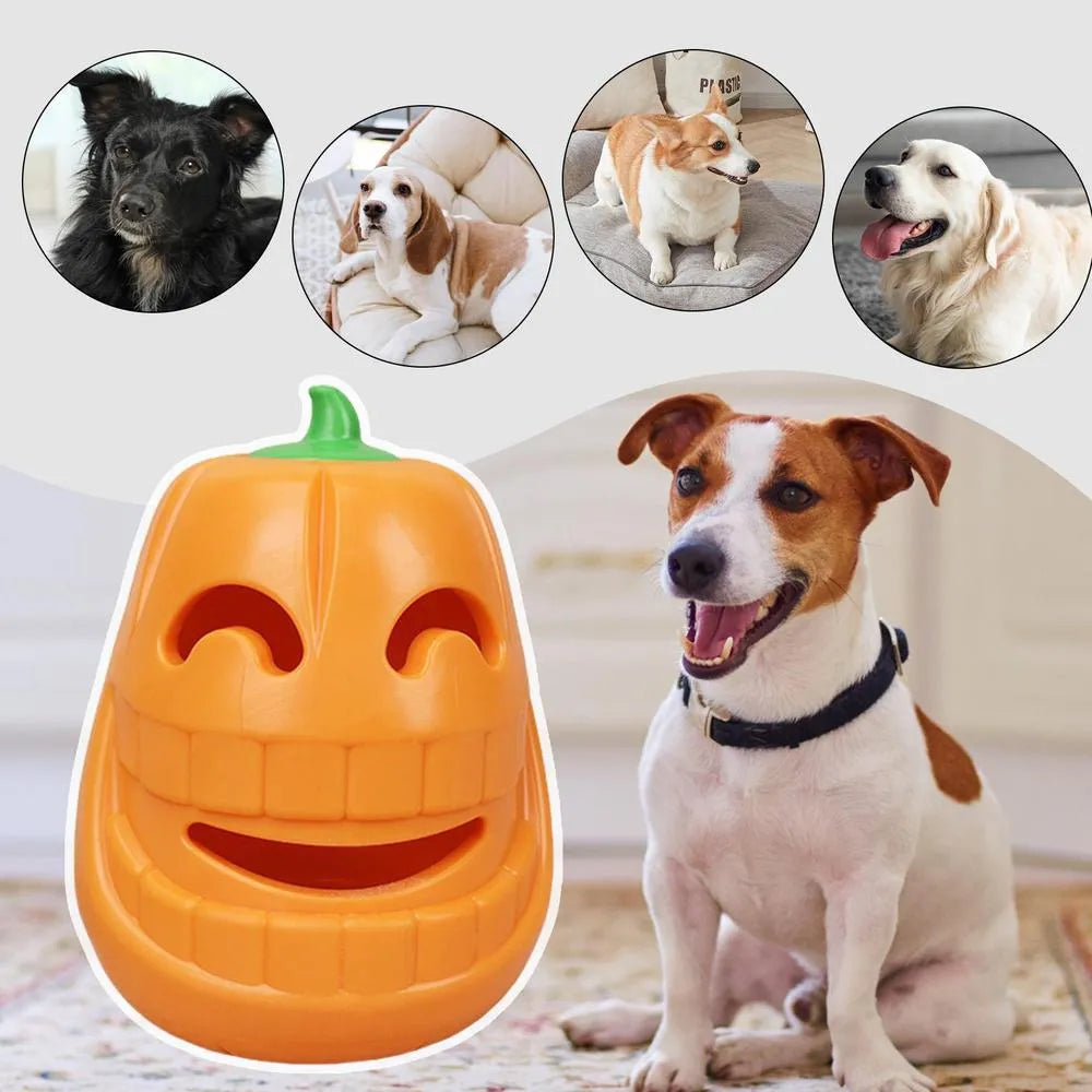 Yellow pumpkin-shaped TPR dog chew toy for aggressive chewers.