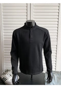 Men's loose-fit long-sleeve polo shirt with a stand-up collar and asymmetric patchwork design in Chinese cotton.