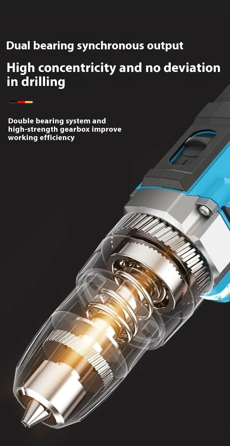 12V dual speed impact pistol drill electric screwdriver set in a plastic storage box.