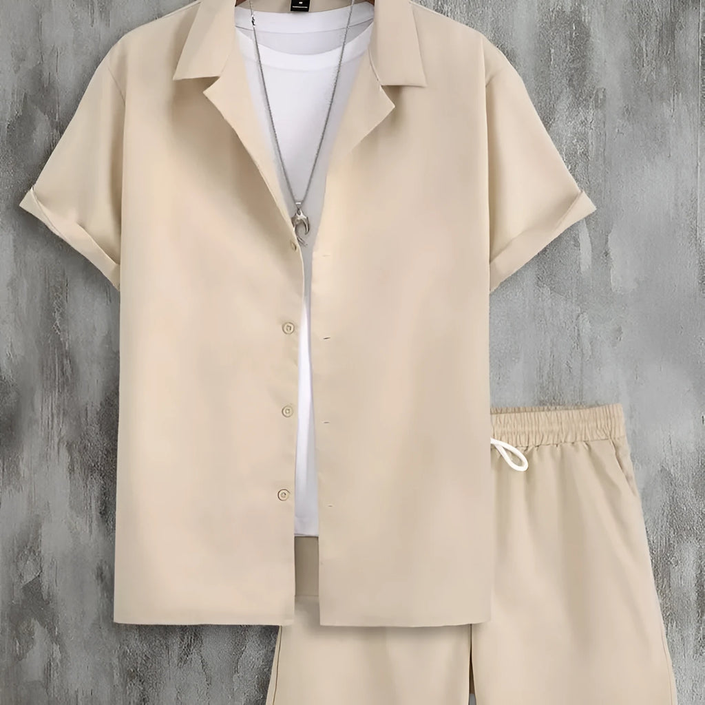 Men's short sleeve Cuban collar sport suit with matching shorts in lightweight polyester fabric