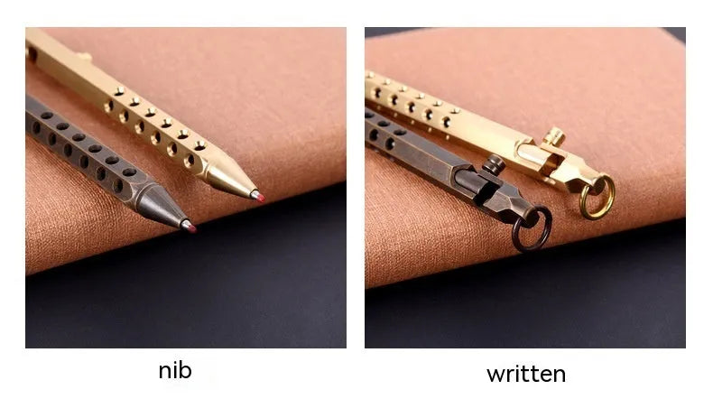 Retro brass hexagon bolt action pen with rollerball refill showing hexagonal barrel detail