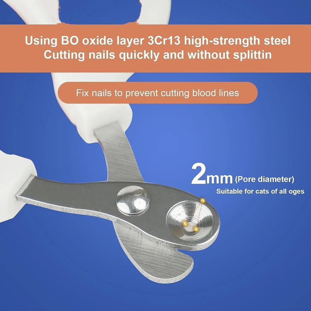 Blue handled cat nail clippers with circular cut hole showing stainless steel blade and non-slip grip.