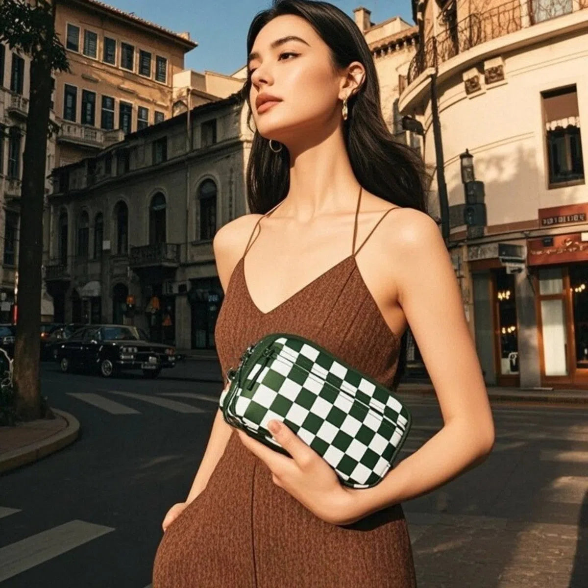 Women's crossbody bag in beige plaid with single shoulder strap, soft Oxford cloth, horizontal rectangular shape, and printed design