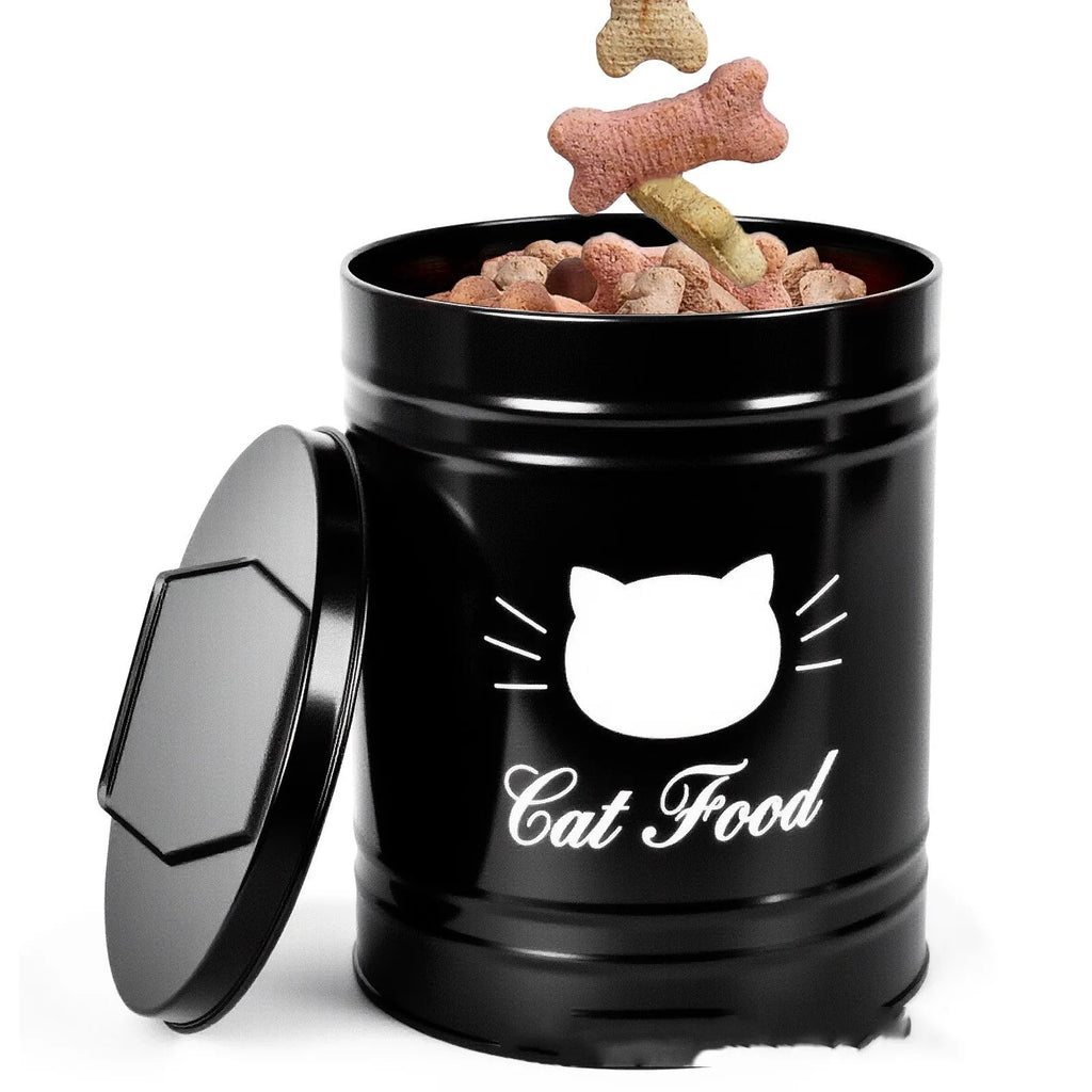 Round black iron moisture-proof storage tin with a white inner box on a kitchen counter.