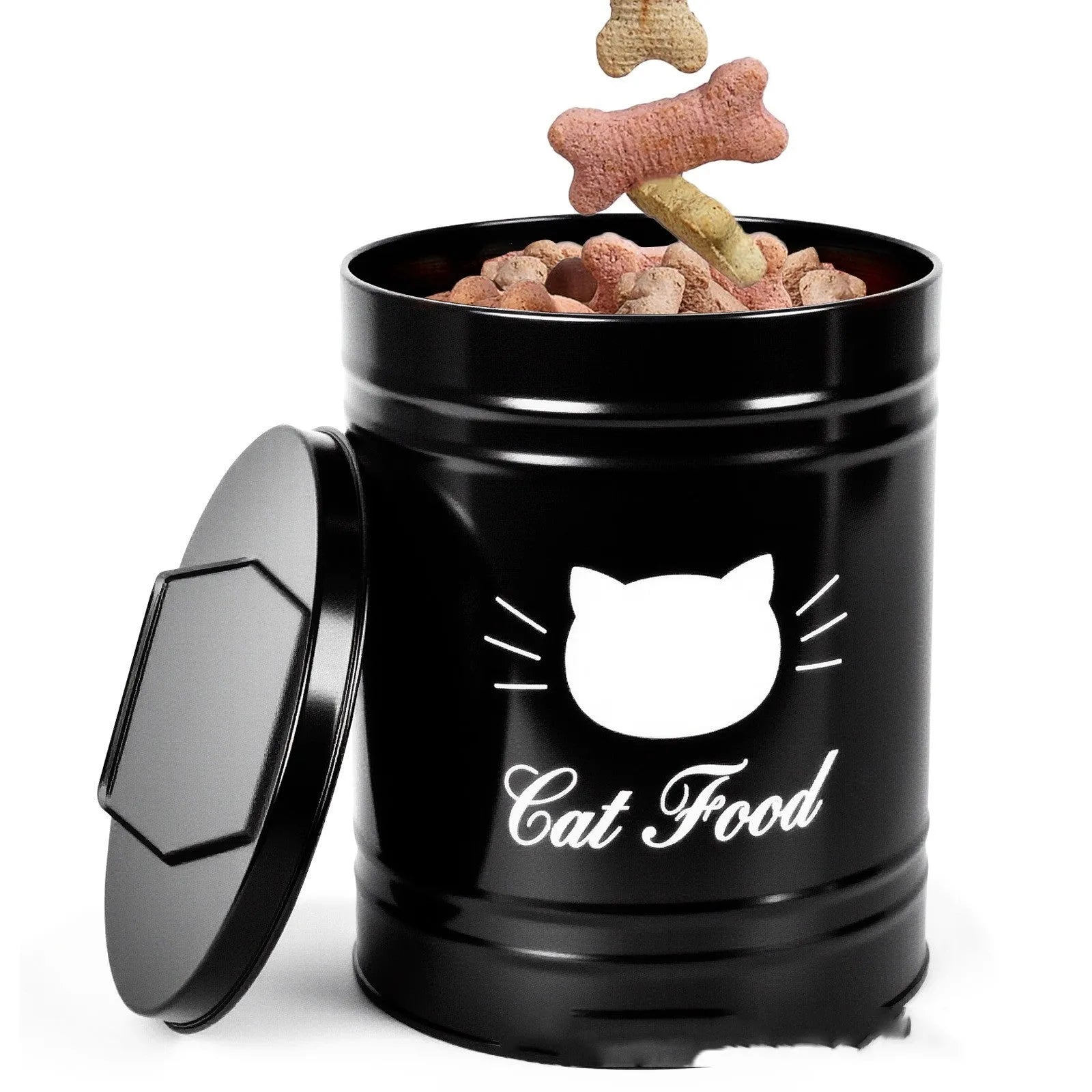 Round black iron moisture-proof storage tin with a white inner box on a kitchen counter.