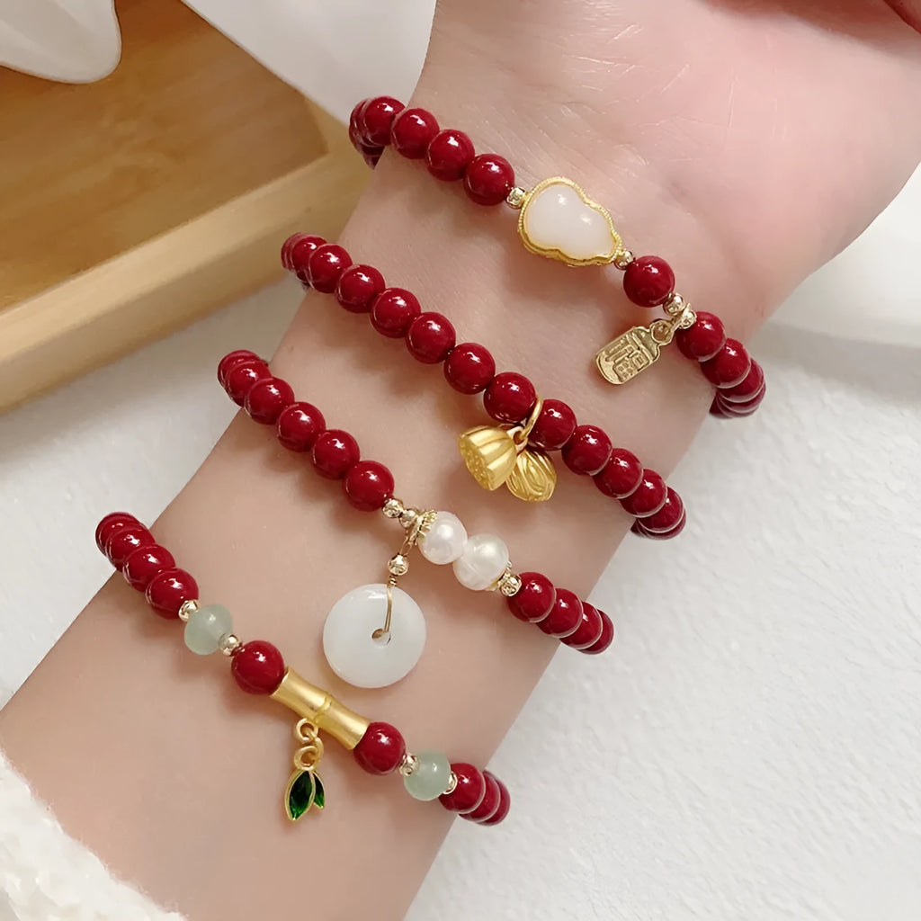 Birth year red beaded cinnabar bracelet with peace buckle gourd pendant in Chinese style for women