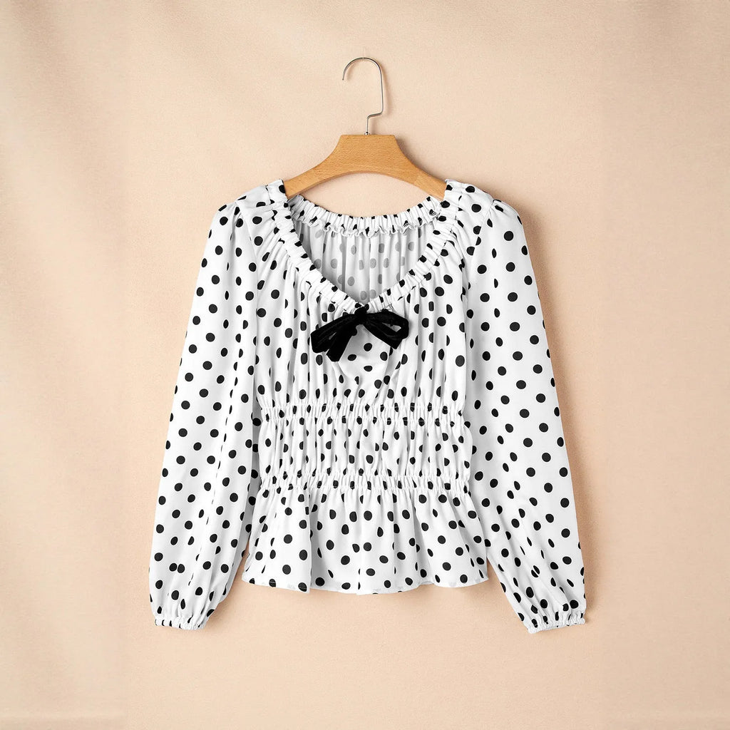 Women's loose polka dot long sleeve shirt with square collar and lantern sleeves in printed black
