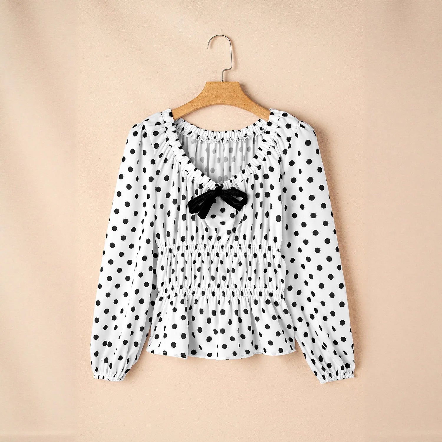 Women's loose polka dot long sleeve shirt with square collar and lantern sleeves in printed black