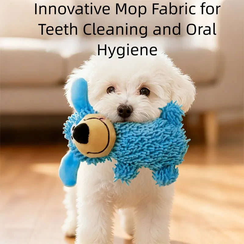 Squeaky plush dog toy in blue with cheerful dog shape and built-in squeaker