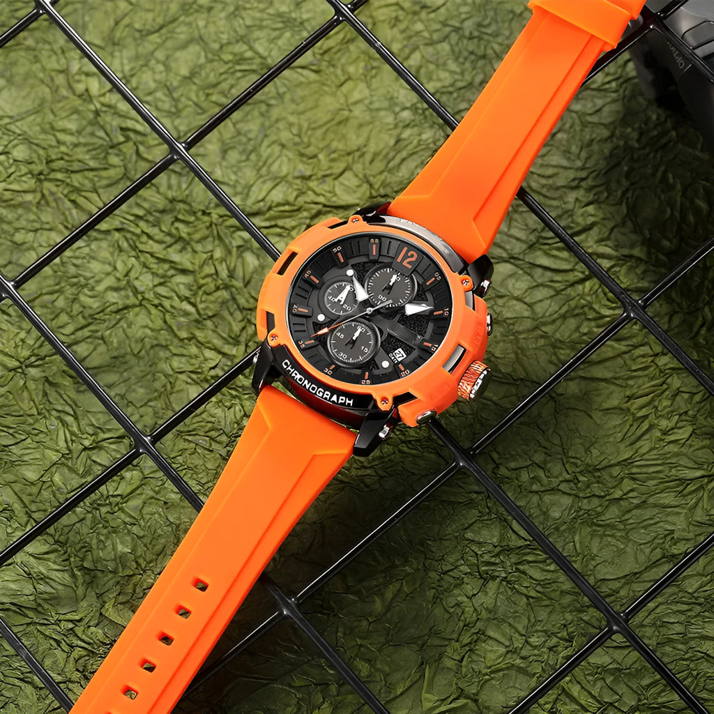 Men's multi-function luminous waterproof calendar watch in various colours showing 51mm case.