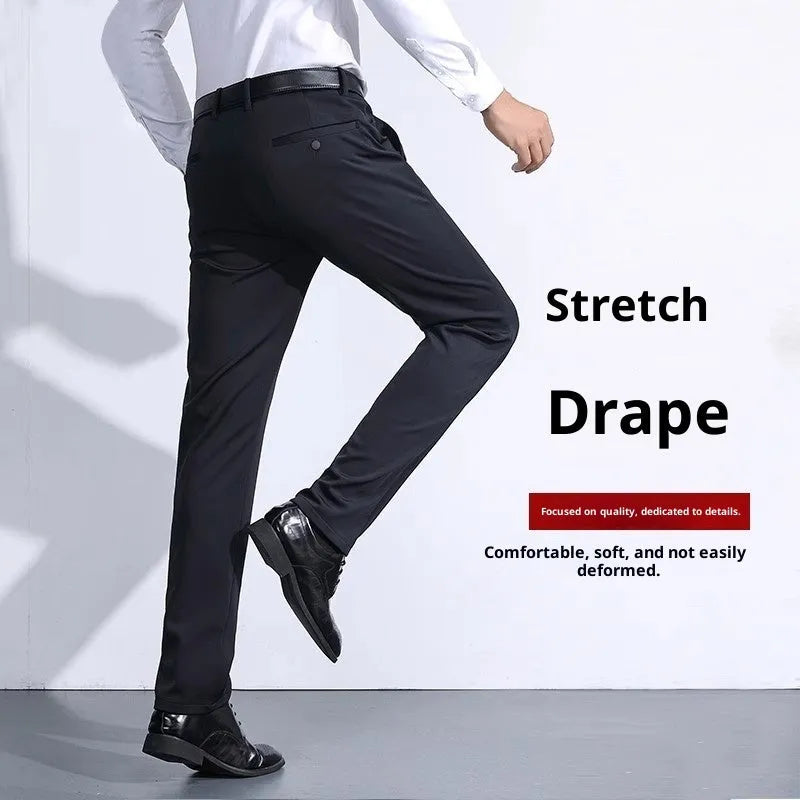 Men's black slim straight formal pants in polyester fibre with micro-elastic fit, size options 29-42