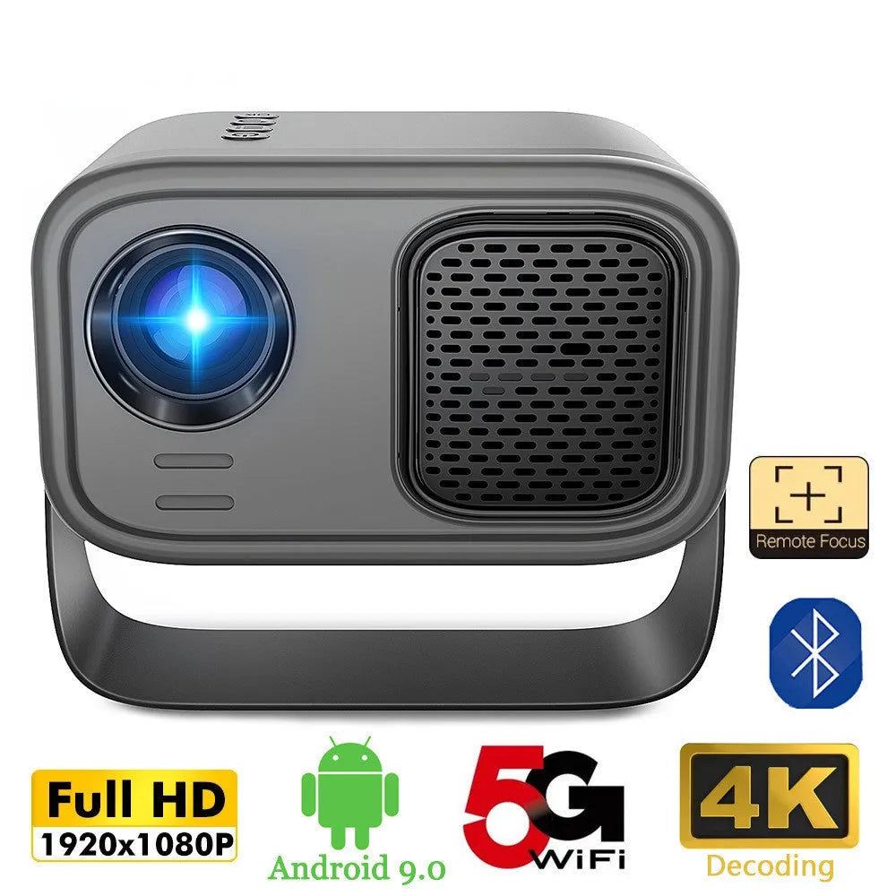 Black portable HD projector with Android system, remote control, and universal power cables