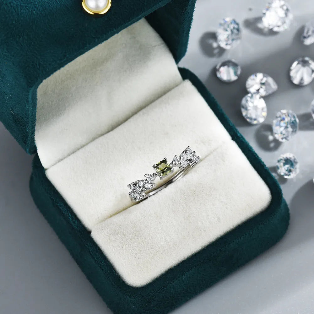 Adjustable copper crown ring with square olive green zircon stone and white gold tone electroplated finish