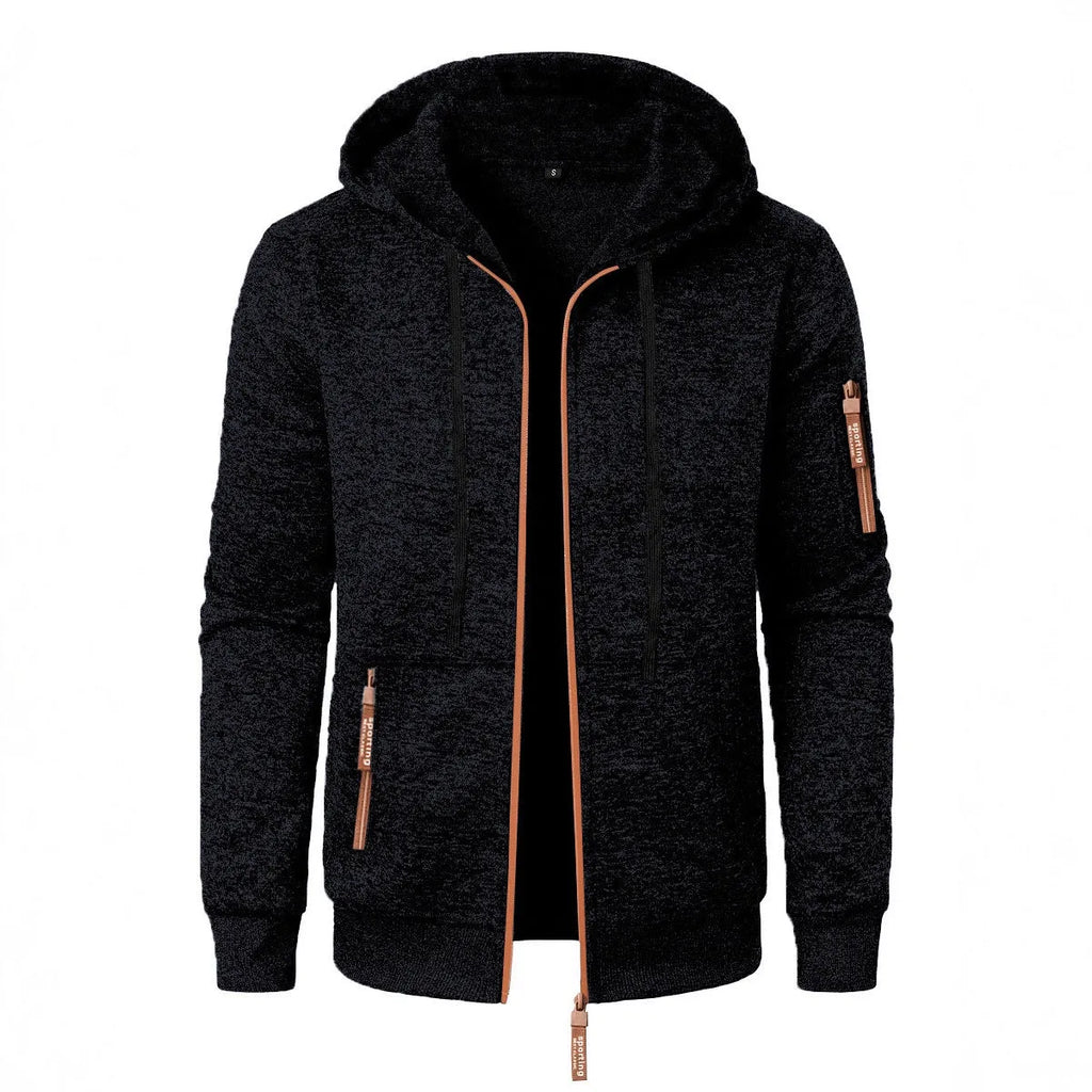 Men's hooded jacquard cardigan coat in black, dark gray, dark blue or denim blue, sizes S to 3XL