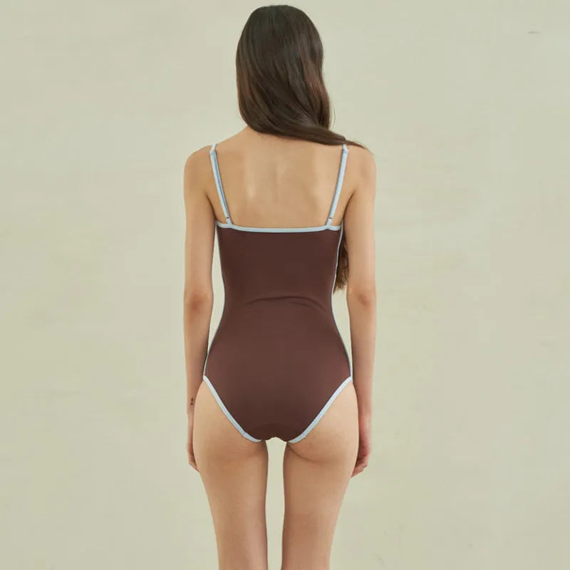 Brown triangle one-piece swimsuit for women with sexy pattern style
