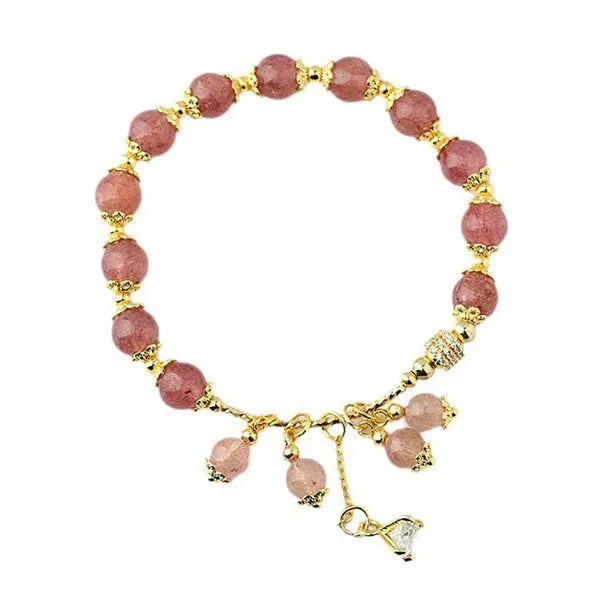 Pink crystal women's bracelet with heart-shaped charms and pearl decorative accents