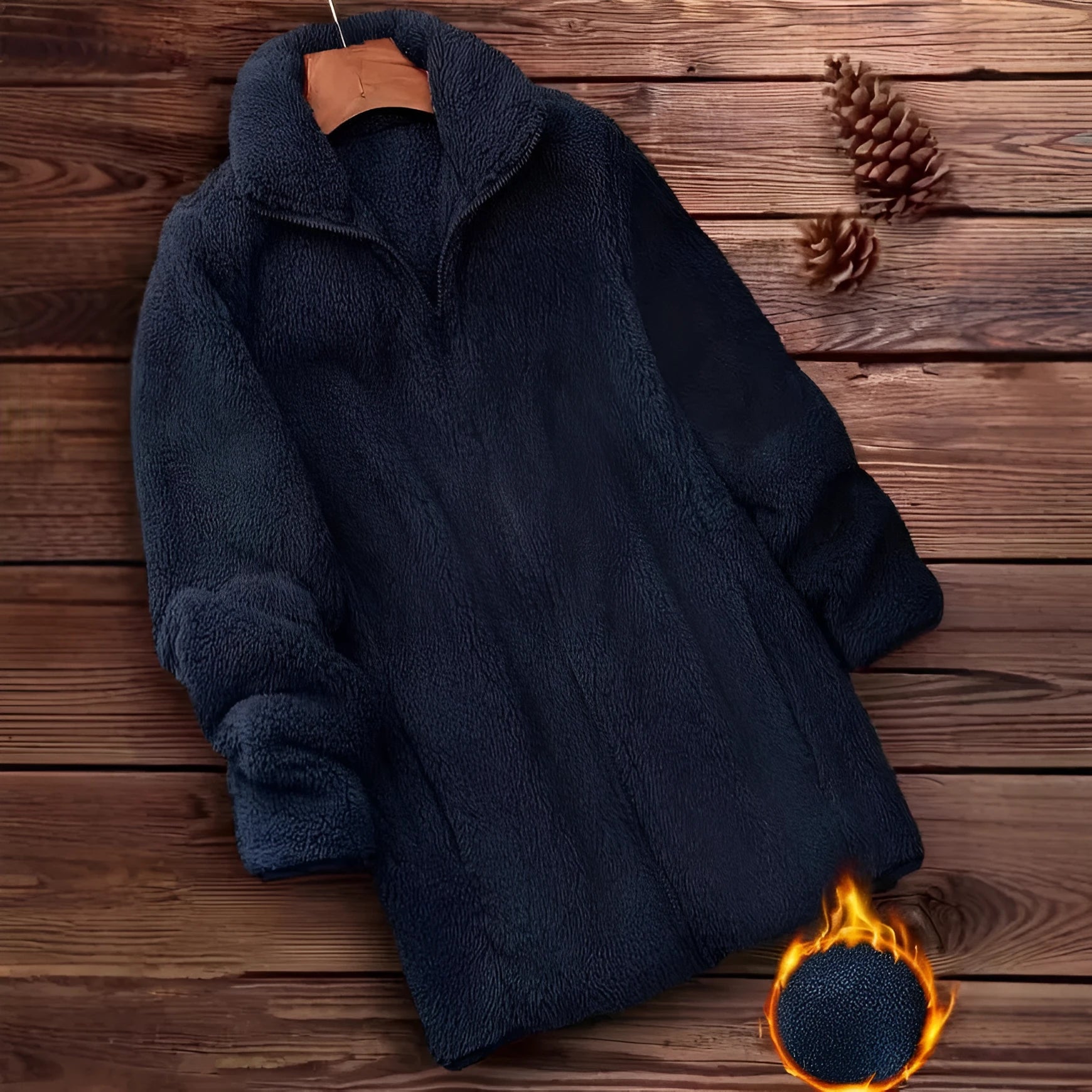 Double-sided fleece jacket in black, navy blue, or khaki with fleece lining and Asian-fit sizing