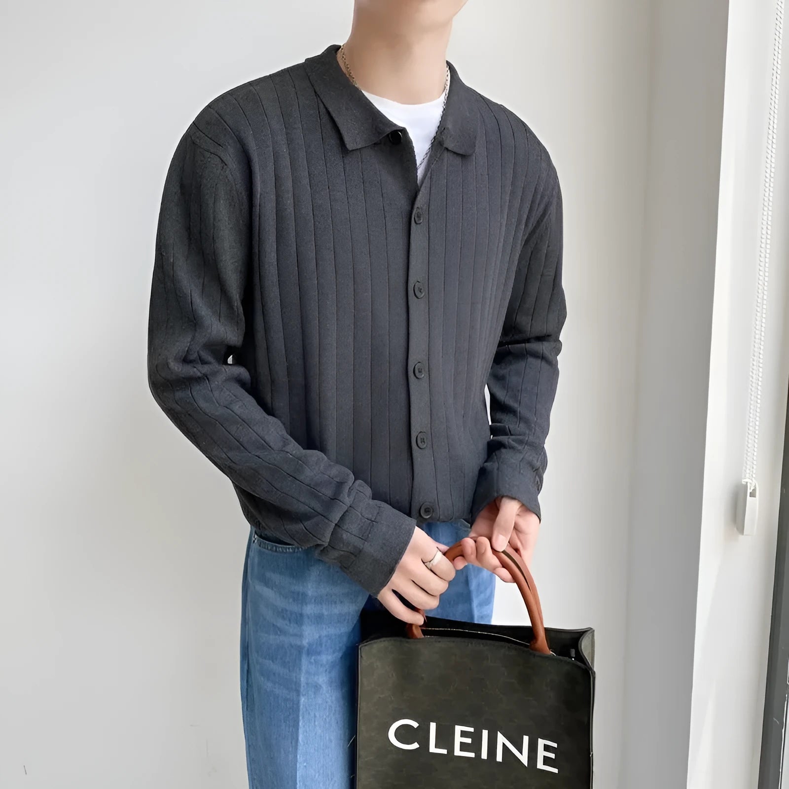 Men's loose lapel cardigan sweater in chenille cotton, available in black, gray, green, white, sizes M to 3XL
