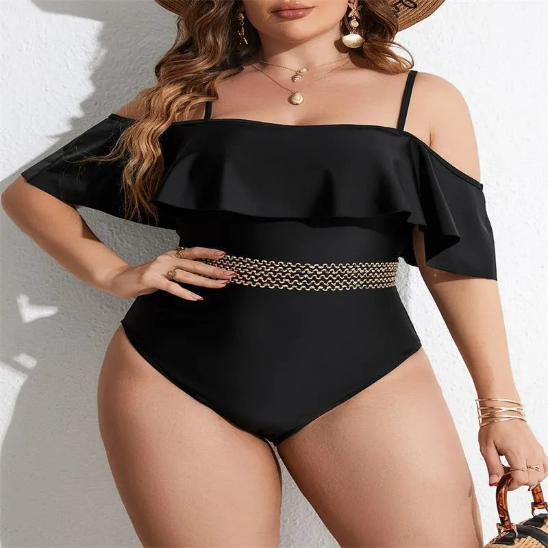 Black women's one-piece swimsuit in plus sizes from 0XL to 4XL made from polyester fabric