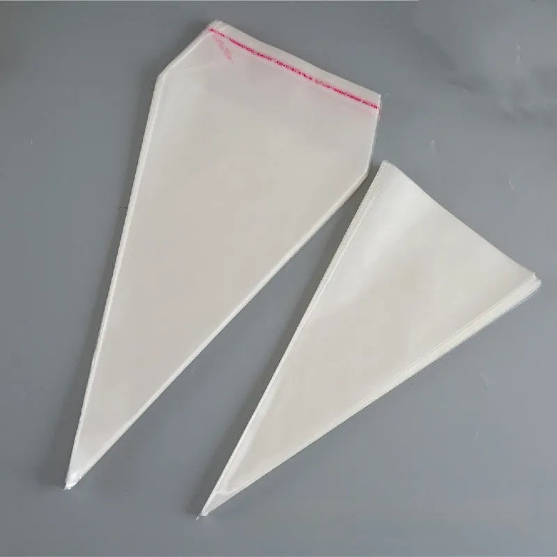 Clear triangular OPP plastic packaging bag showing the integrated tie wire closure at the top.