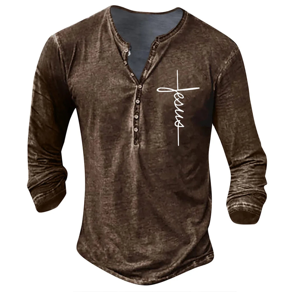 Men's retro button V-neck long sleeve t-shirt in black cotton blend loose fit