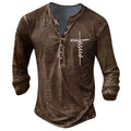 Men's retro button V-neck long sleeve t-shirt in black cotton blend loose fit