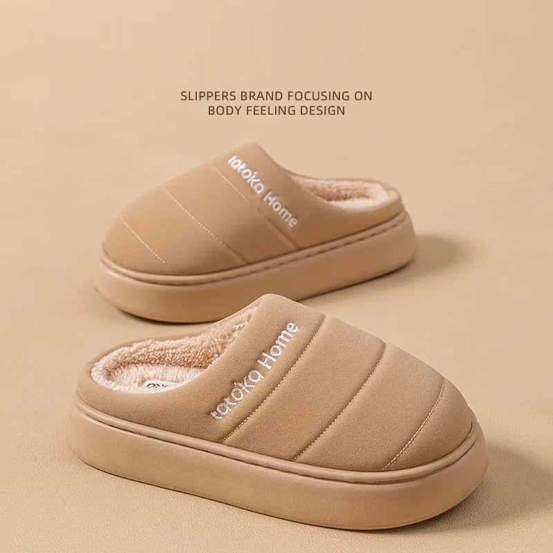 Waterproof plush cotton slippers with non-slip EVA sole and artificial wool lining, unisex adults