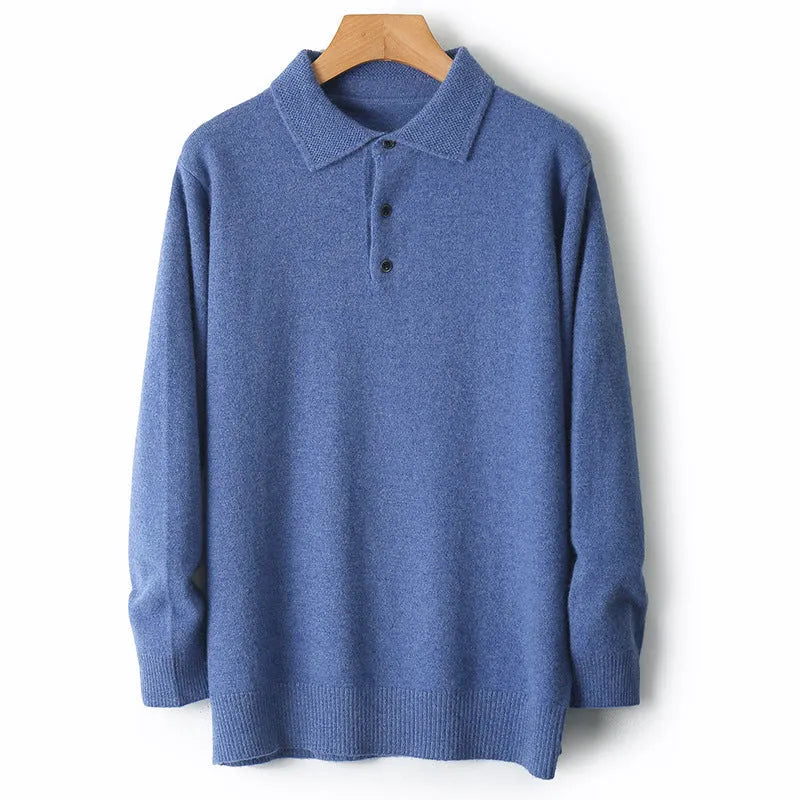 Men's polo collar wool sweater pullover in multiple colours on a size chart background.