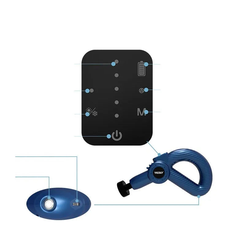 Black adjustable angle muscle massage gun with hot cold compress functions and five massage heads