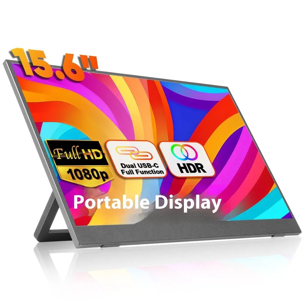 Black 15.6-inch portable USB HDMI monitor with adjustable stand on desk