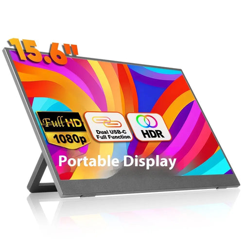 Black 15.6-inch portable USB HDMI monitor with adjustable stand on desk