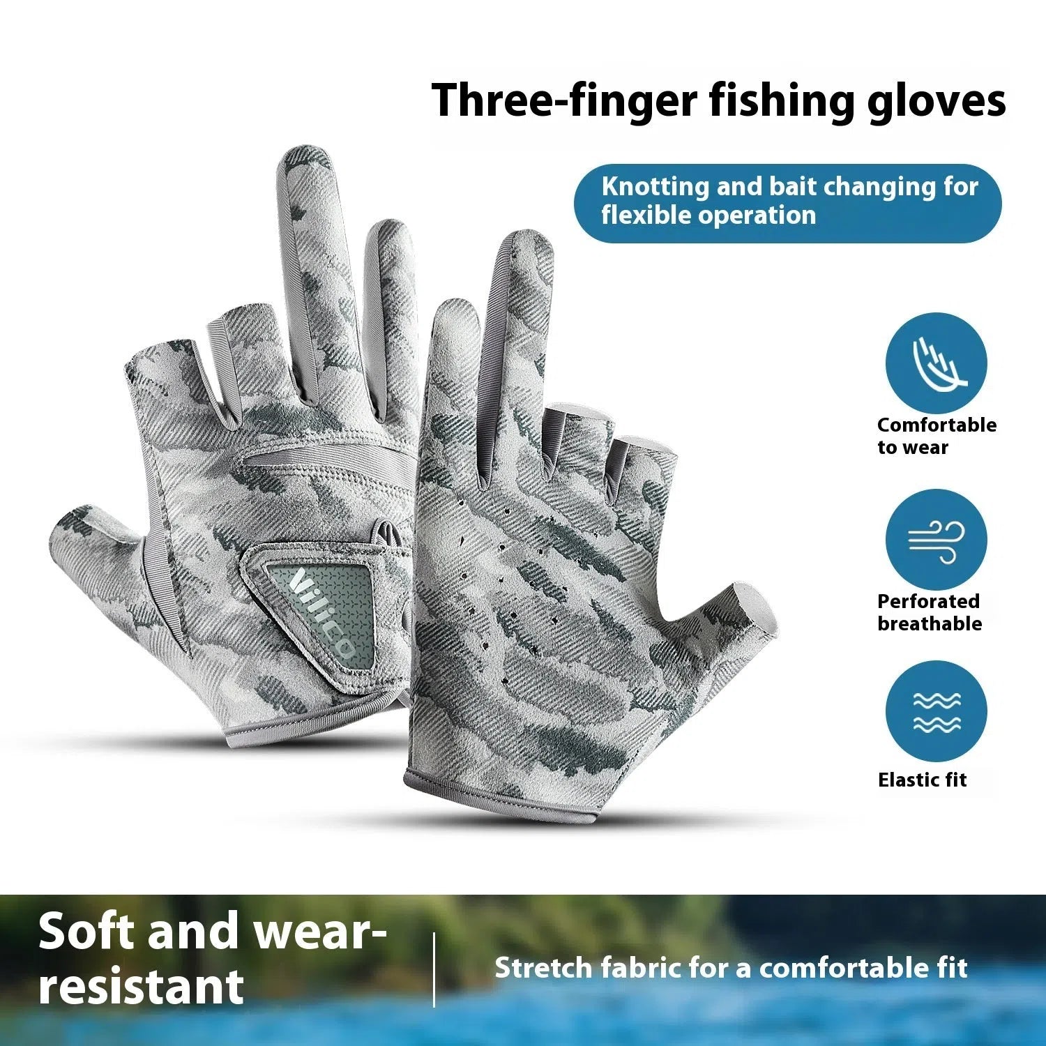 Black exposed three-finger polyester fishing lure gloves on a boat with fishing rod