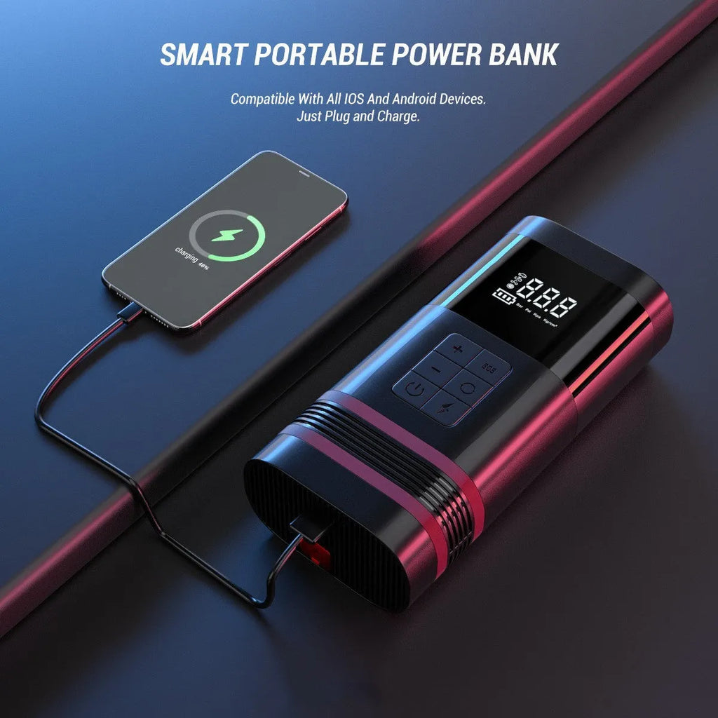 Black wireless car jump starter power bank measuring 19.5cm with LED lights and USB charging