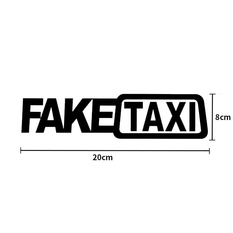 Waterproof black FAKE TAXI car warning sticker measuring 20 by 8 centimetres.
