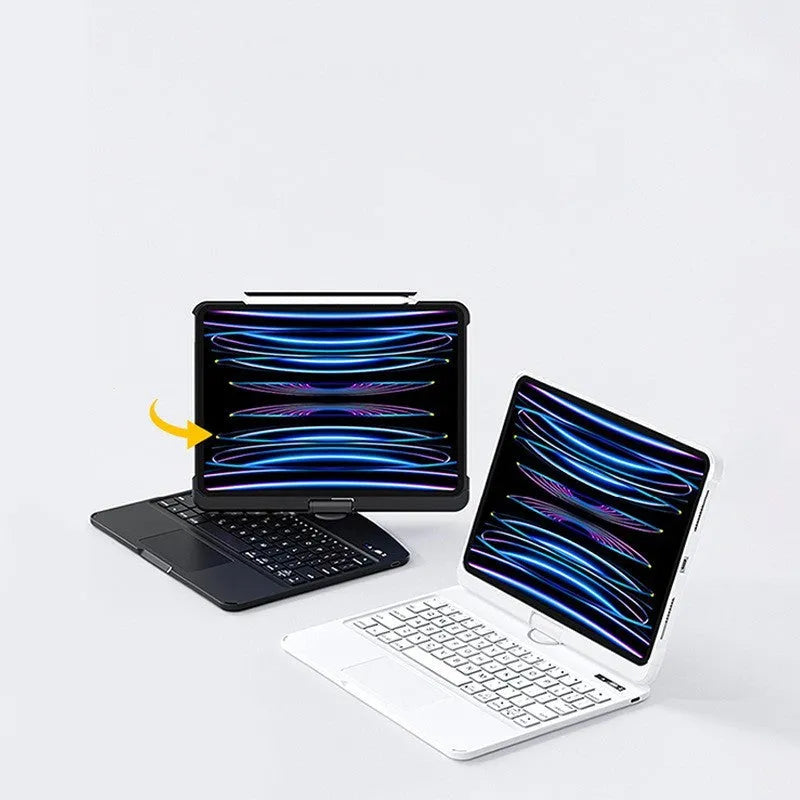 Transparent Bluetooth keyboard case for iPad showing iPad visible through clear protective cover with integrated keyboard