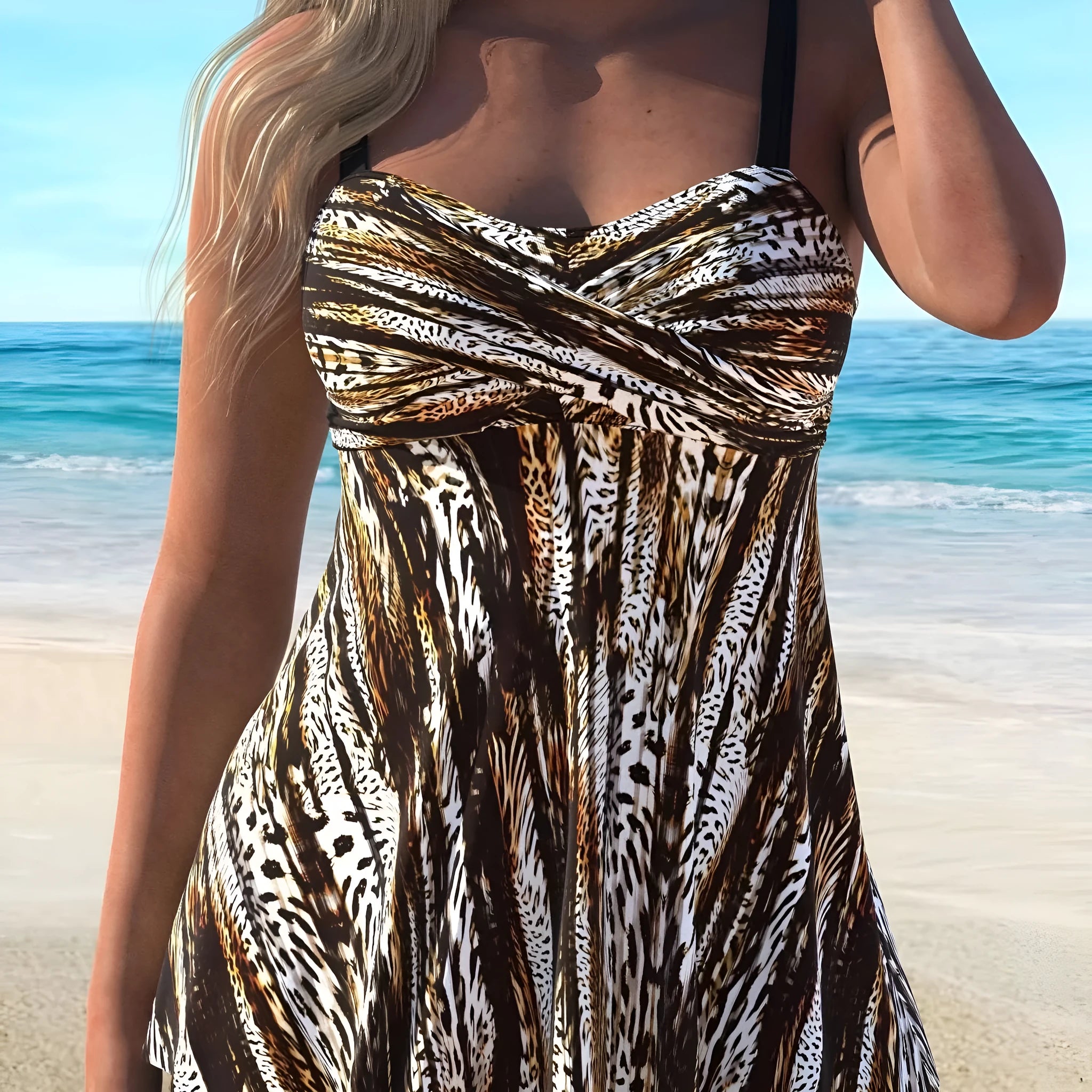 Hand-painted striped print maroon cotton tankini set with cross ring top for spring swimwear