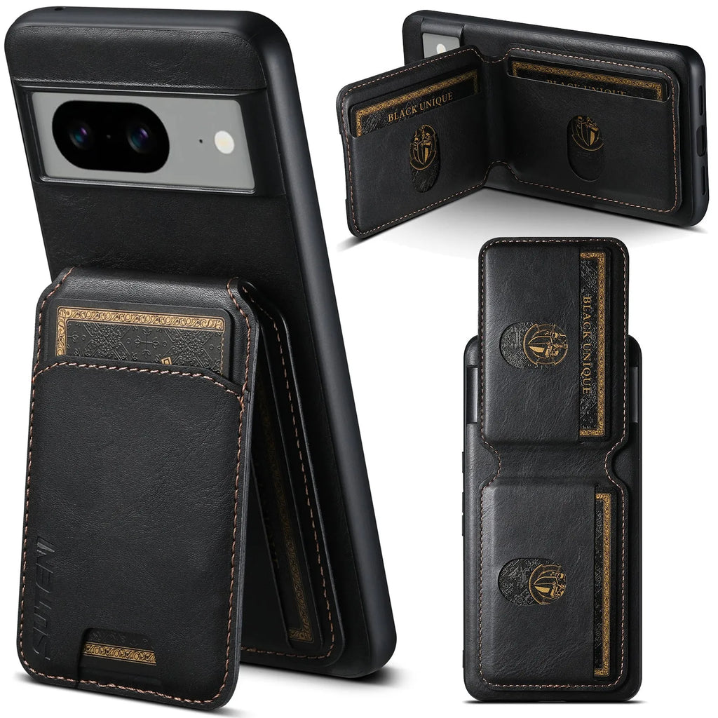 Black PU TPU leather-style back cover phone case with card slot and bracket for Samsung iPhone Google Pixel