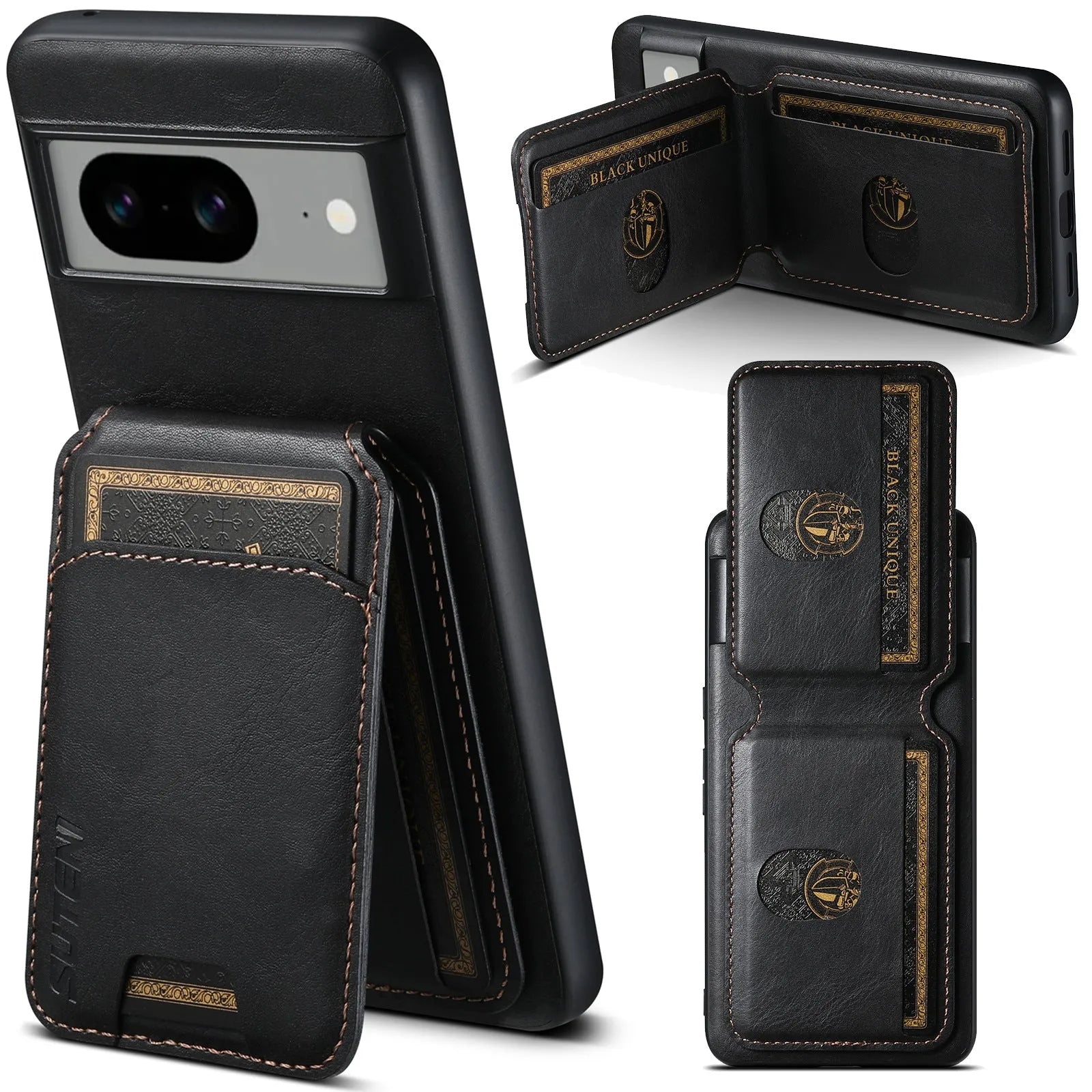 Black PU TPU leather-style back cover phone case with card slot and bracket for Samsung iPhone Google Pixel