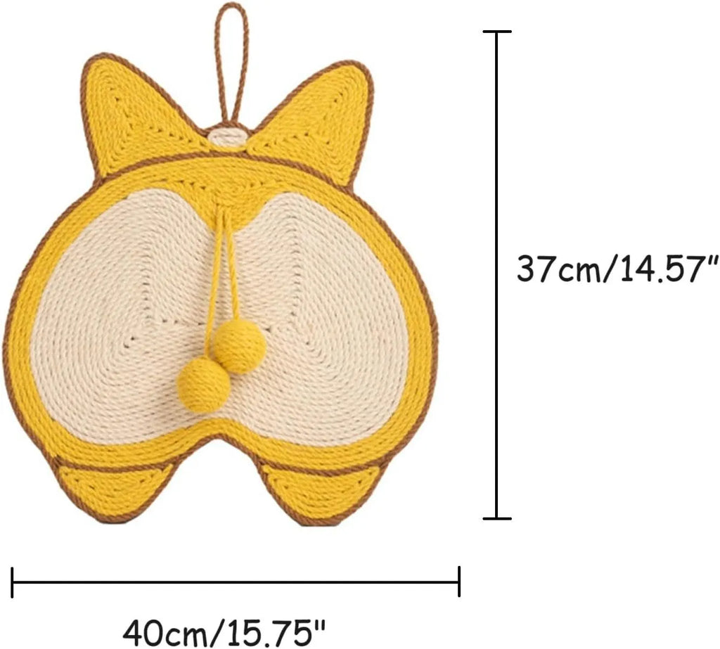 Yellow sisal cat scratch pad with corgi butt design on anti-slip base, 37cm by 40cm