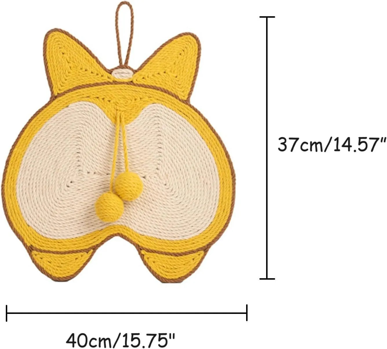 Yellow sisal cat scratch pad with corgi butt design on anti-slip base, 37cm by 40cm