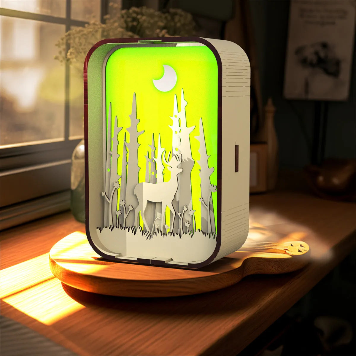Woodcarving night light with touch dimming in basswood or black walnut wood, 9.5x5x12.5 cm, laser engraved