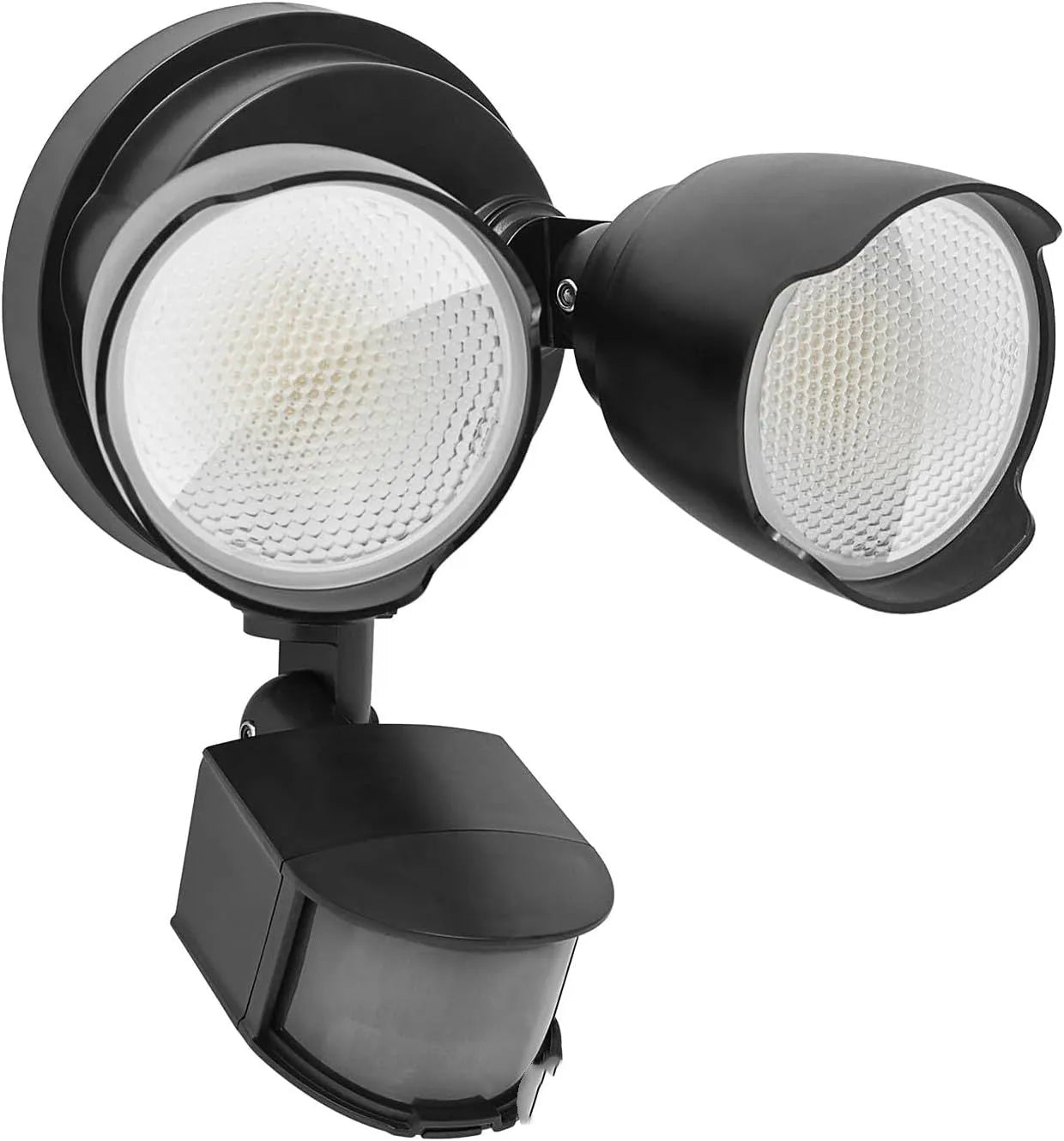 White 120V LED security floodlight with PIR sensor, dimensions 200x195x168mm, for wall or ceiling mounting.