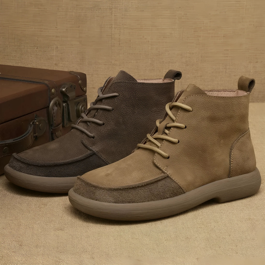 Grey Martin boots with genuine leather wedge heel and lace-up front
