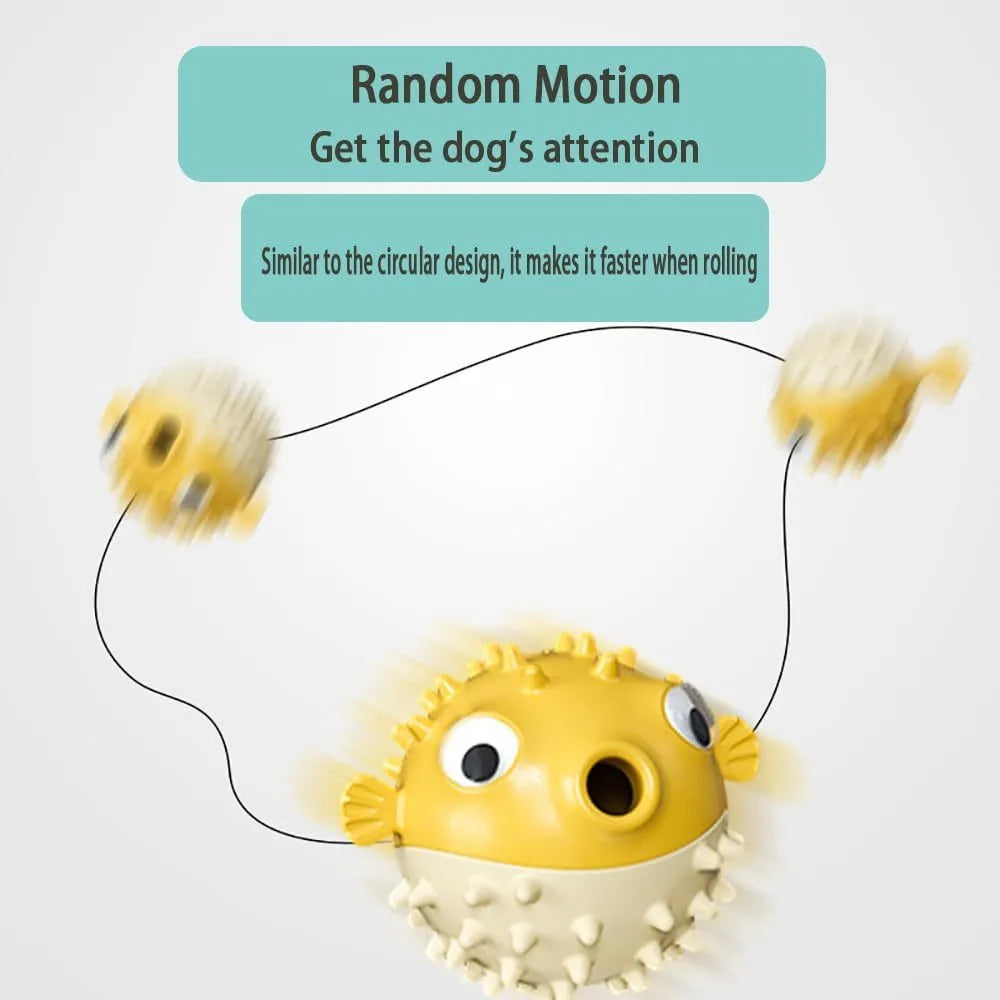 Fish-shaped interactive TPR dog toy with treat dispenser and dental-cleaning surface particles