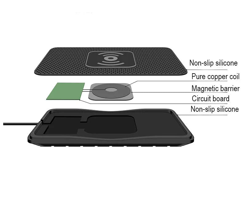 Black anti-slip car wireless charger compatible with Apple iPhone, 175x93x14mm, placed on car dashboard