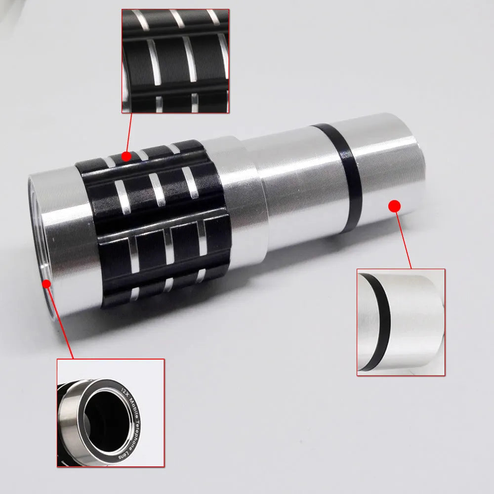 12x telescopic zoom lens with universal collar clip for smartphones on a mobile phone.